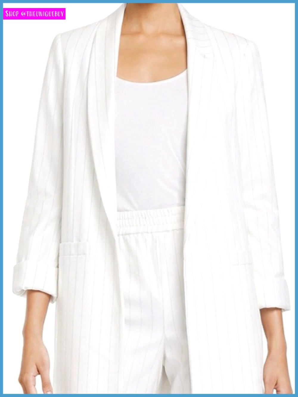 Alice + Olivia Kylie Pinstripe Open Front White Collared Blazer Jacket